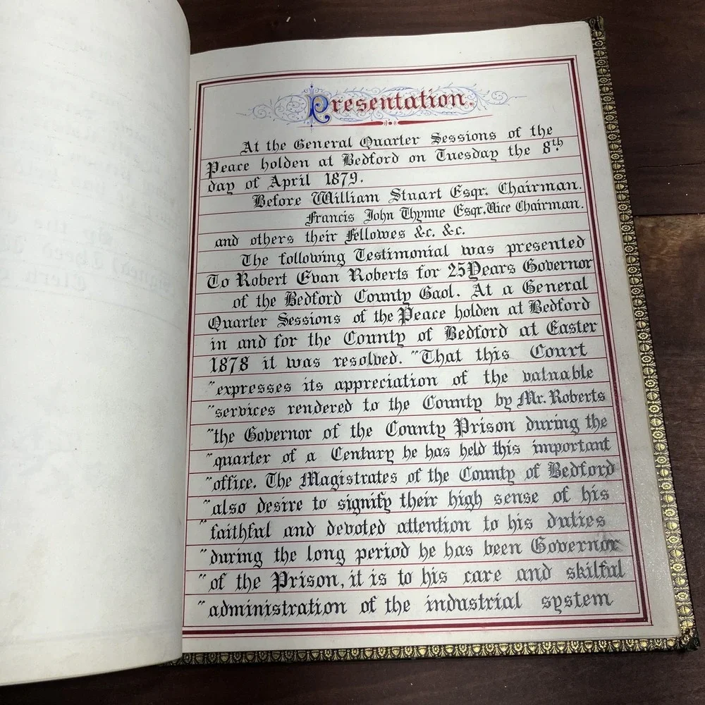 Vintage 1878 Testimonial Book Robert Evan Roberts Bedford County Prison England